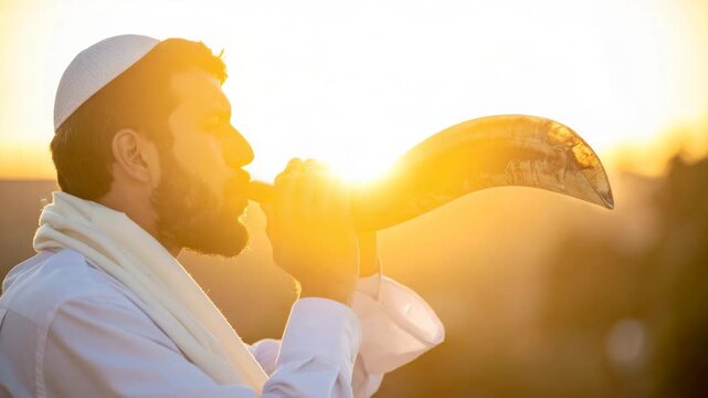 Rabbi Blowing Shofar at Yom Kippur Service with Sunlight