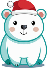Cute polar bear wearing Christmas hat, flat cartoon vector, vector icon, white background