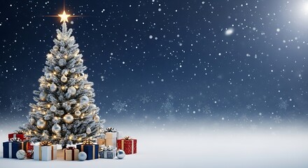 A decorated Christmas tree with gifts sits under a starry, snowy sky.