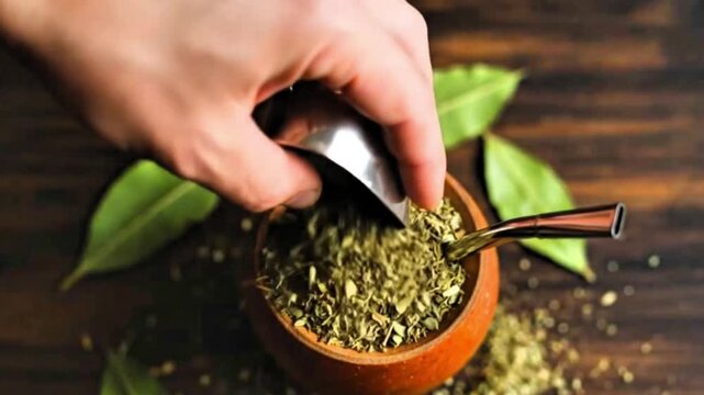 Video, yerba mate, hands pouring Ilex paraguariensis leaves into a glass, South American herbal tea