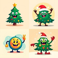 Christmas icons set, cute christmas tree and ornament mascot set, festive cartoon characters on light background