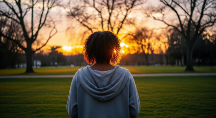 Fototapeta premium African female adult standing on green grass, facing a vibrant sunset with bare trees in the background.