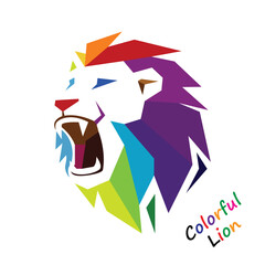 Vibrant and dynamic illustration of a majestic lion's head, created with a geometric polygon design in a kaleidoscope of bright, abstract colors, symbolizing power, creativity, and modern artistry