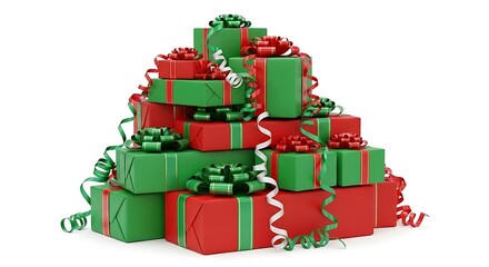 A large pile of red and green wrapped Christmas presents with ribbons against a white background.