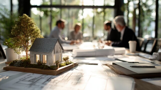 Architectural Firm Meeting with Miniature House and Design Plans in Daylight