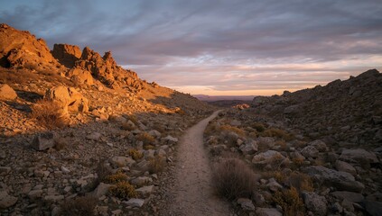 Obraz premium Rocky Path at Twilight, Soft Hues, Textures, and Golden Light Serene Landscape.