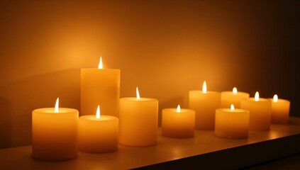 Serene Candlelight Arrangement An Array of Lit Candles Casting Warm Glows.