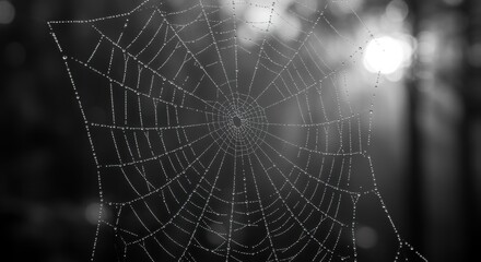Fototapeta premium Spider web with dew drops glistening in the morning sun in black and white