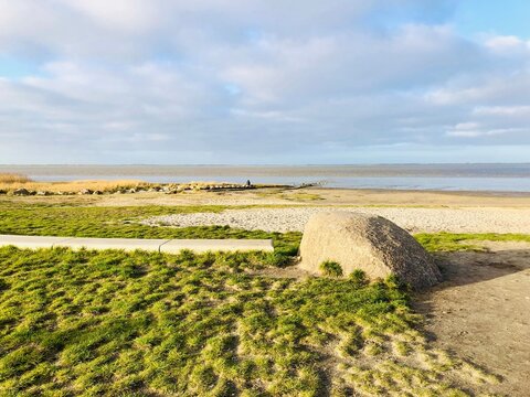beautiful seascape of the relaxation hub of Dangast at the jade bay, germany. View of a winter afternoon at the end of december