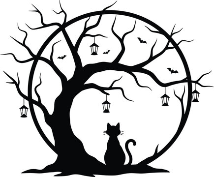 Silhouette of a black cat under a spooky tree within a circular frame