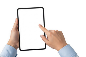 Person holding a tablet device and touching the screen with a finger in a close-up shot isolated on transparent background