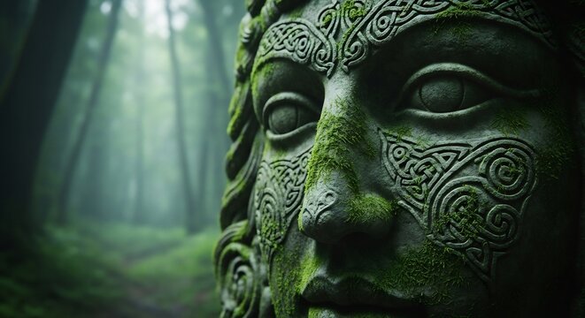 Mystical Celtic statue in a foggy forest, evoking ancient wisdom and tranquility. Ideal for fantasy, mythology, paganism, or nature-themed projects. Suitable for St. Patrick's Day.