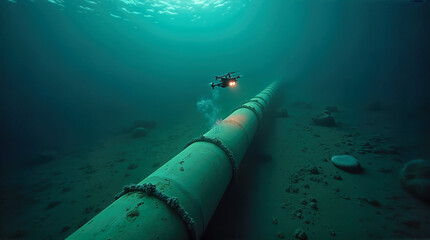 Underwater drone exploring damaged gas pipeline, with drama and environmental concern. Underwater drone examines pipeline, detecting potential faults and risks within submerged gas infrastructure.