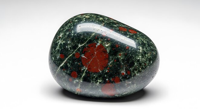 Polished green bloodstone gemstone with red inclusions on white background image