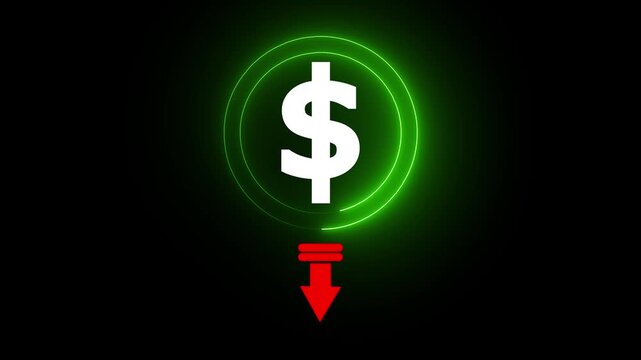 Money loss. Cash with down arrow stocks graph, concept of financial crisis, market fall. animated of cost symbol dollar increase and decrease icon, money, dollar sign with arrow down