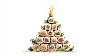 A creative arrangement of sushi rolls shaped like a Christmas tree, decorated with green pine branches and topped with a star.