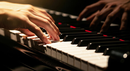 Obraz premium Close-up of a person's hands playing a piano with focus on the black and white keys under warm lighting.