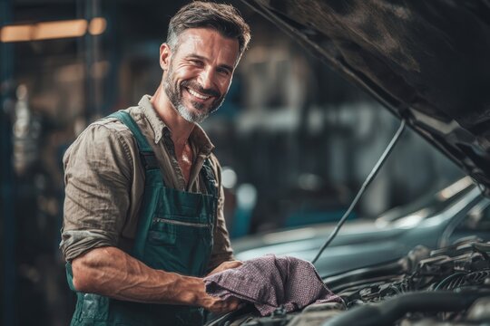 Smiling Mechanic Wiping Hands with Cloth in Garage Setting - Powered by Adobe