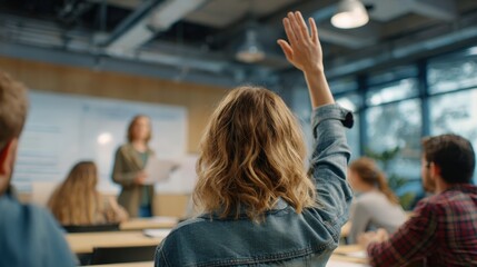 Student Raising Hand in Modern Classroom During Seminar
