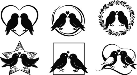 Love birds, romantic frame, kissing birds, heart symbol, decorative icon, silhouette illustration, wedding theme, vector art, affection design, symmetry