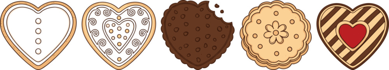 Heart-shaped cookie set, decorative baked designs, chocolate and icing textures, romantic dessert icons, Valentine sweet treat vector illustrations