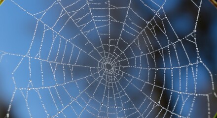 Fototapeta premium Spider web with dew drops glistening in the sunlight against a blue sky