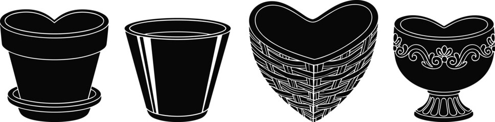 Heart-shaped containers set, decorative pots and vases, romantic gift ideas, love-themed vector design, Valentine basket and goblet icons