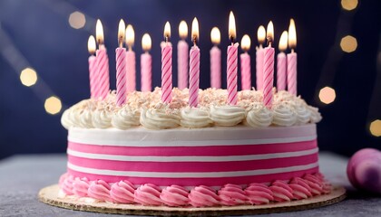 Pink And White Striped Birthday Cake With Lots Of Candles