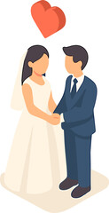 An isometric illustration of a bride and groom standing together under a floating heart, symbolizing love, unity, and marriage.