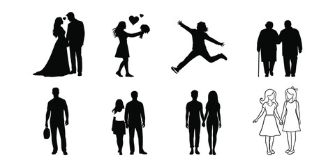 Human relationship silhouette set, romantic, friendly, and emotional icons, black vector illustrations, love, joy, companionship, and connection themes