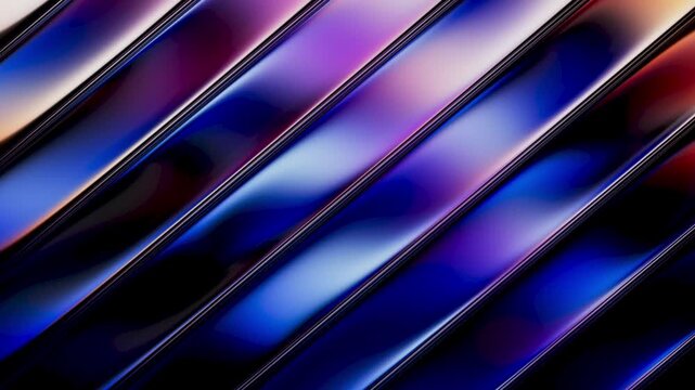 Hypnotic animation of diagonal glass stripes with a metallic blue and magenta gradient, light dynamically ripples with a futuristic vibe. 3d render animation.