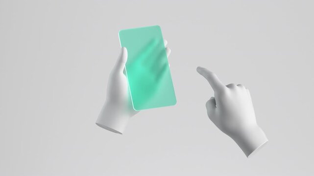 Minimal 3D hand taps a translucent glass phone, sending animated waves across the glowing screen. 3D render motion.