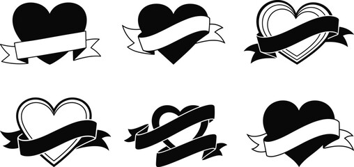 Heart ribbon, romantic symbol, love banner, black silhouette, valentine icon, emotional art, decorative shape, message space, bold design, symbolic frame