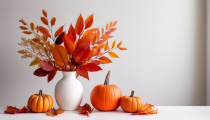 Bouquet Of Dry Colorful Red And Orange Fall Leaves And Branches In White Vase And Pumpkins On White Table Minimal Modern Composition Autumn Season Home Interior And Season Decoration