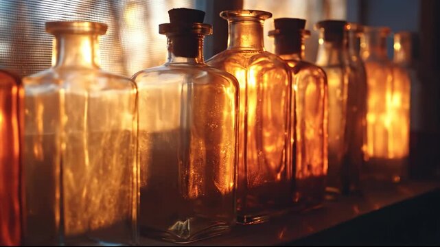A Row of Vintage Amber Glass Apothecary Bottles Glowing.