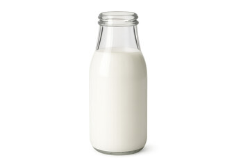Milk filling glass bottle on transparent background