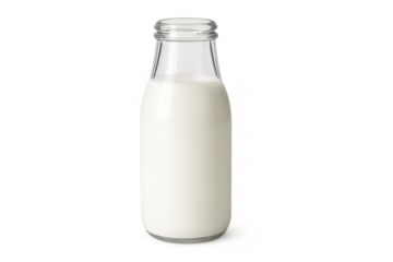 Milk filling glass bottle on transparent background