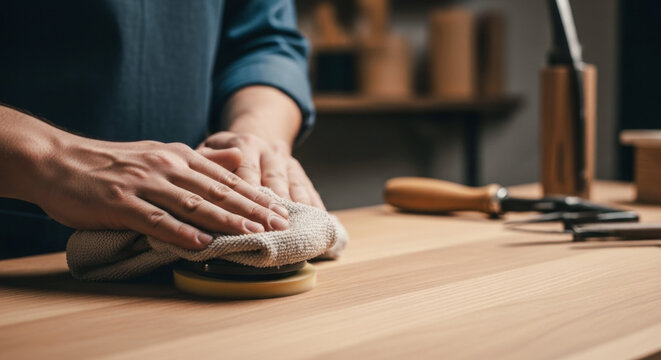 Close-up of a caucasian male adult's hands polishing a wooden surface with a cloth in a woodworking workshop.