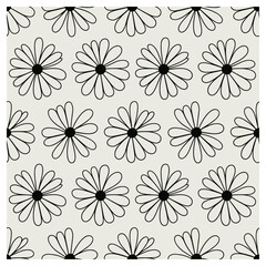This elegant seamless daisy pattern features hand-drawn black and white flowers with bold black centers on a soft off-white background. The simple repetition of daisy blooms creates a cheerful.