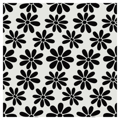 This striking seamless daisy pattern features bold black flower silhouettes arranged evenly on a soft white background. The design captures the essence of simplicity with a touch of retro flair.