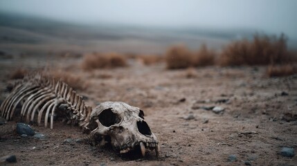 A desiccated animal skeleton lies on the barren dry ground of a desolate misty landscape