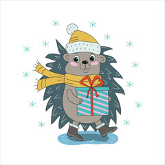 Cartoon hedgehog wearing a hat, scarf, and boots holds a gift box with a bow. A Christmas, New Year, or birthday gift. A cute, cheerful animal character. Vector flat illustration, isolated on white.