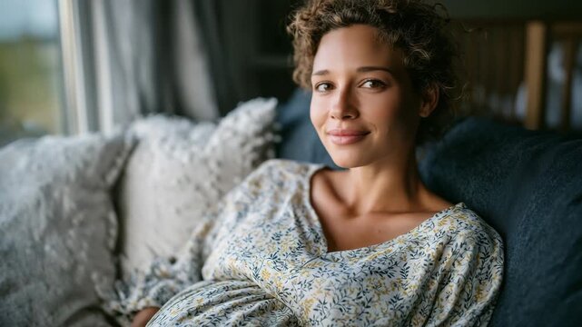 Side profile of woman sitting curled on dark blue couch, baby crib just visible beside her, soft natural light illuminating gentle folds of loungewear and cushions