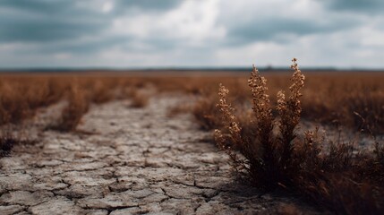 Arid landscape with cracked parched earth and sparse withered vegetation under a dramatic cloudy sky