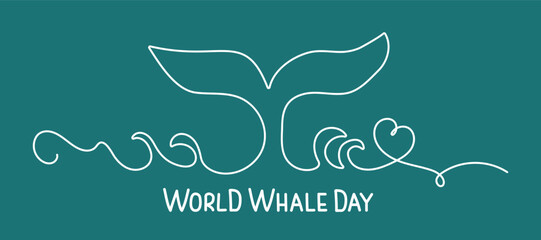 Abstract silhouette of whale in the water, line drawing. World Whale Day. Marine animal, aquatic world. Poster, banner with hand lettering. Flat design. World Aquatic Day. © Olga