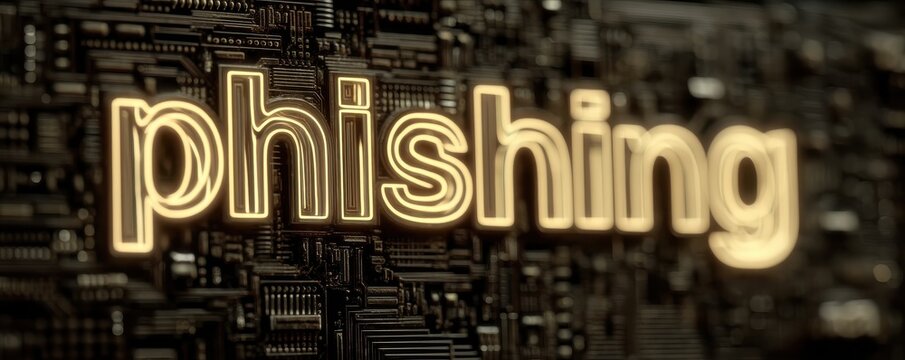 Phishing neon text on a circuit board background highlights cybercrime threats and digital security concerns