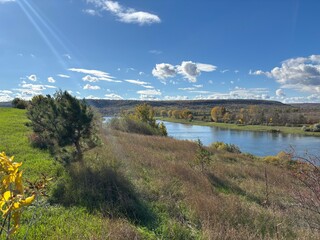 Peaceful autumn landscape with a calm river, colorful trees, and a grazing cow on a green hillside under a cloudy sky