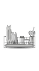 Naklejka premium Dish rack with dishes and utensils isolated on white background.
