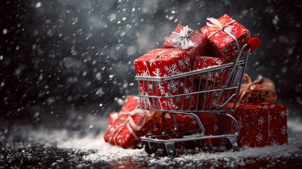 A shopping cart filled with red Christmas gifts sits on a snowy surface. Snowflakes fall gently in a dark, festive atmosphere.