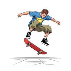 Fototapeta premium Illustration of a person performing a skateboard trick against a white background.